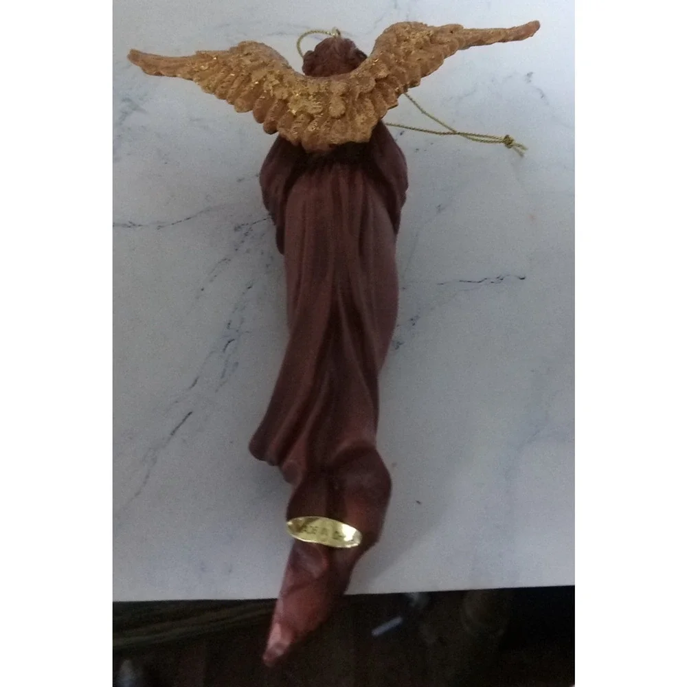 Christmas Tree ornament angel holding Dove with red dress blonde hair Gold Wings